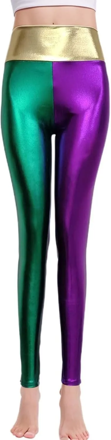 Women's Colorful Shiny Faux Leather Leggings Metallic Finish Skinny Fit Cropped 9/10 Length for Fall Versatile
