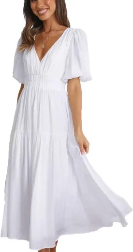Womens Deep V Neck Puff Short Sleeve Tired Maxi Dress Boho Long Flowy Summer Dresses