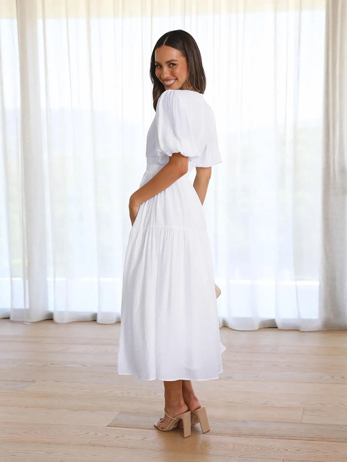 Womens Deep V Neck Puff Short Sleeve Tired Maxi Dress Boho Long Flowy Summer Dresses