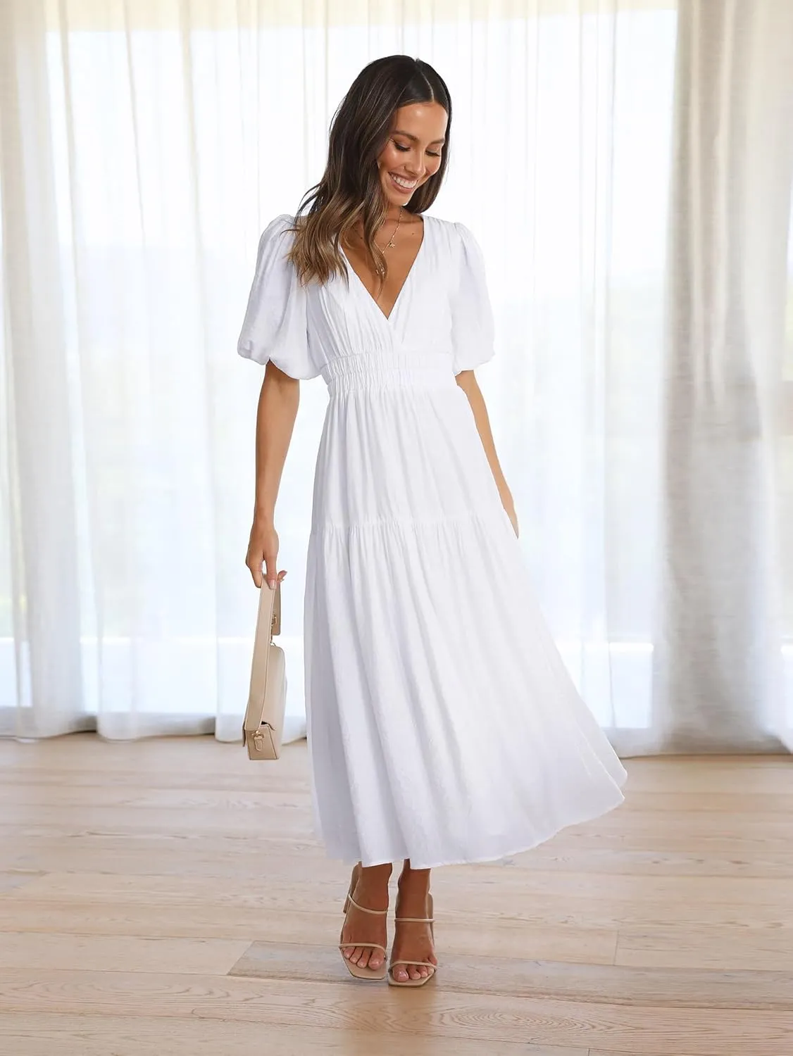 Womens Deep V Neck Puff Short Sleeve Tired Maxi Dress Boho Long Flowy Summer Dresses