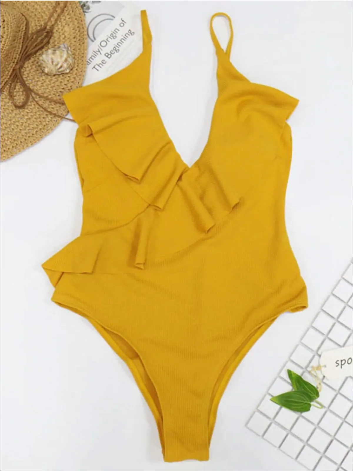 Women's Deep V-Neck Ruffled One Piece Swimsuit