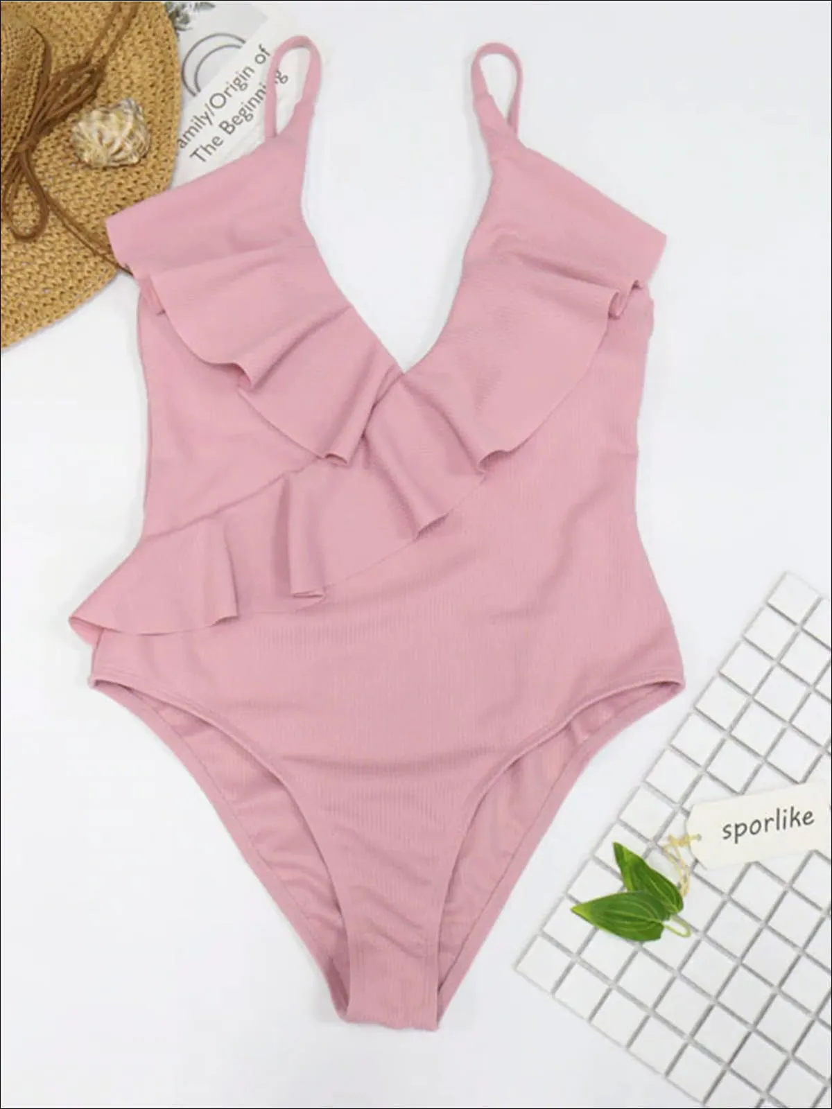 Women's Deep V-Neck Ruffled One Piece Swimsuit