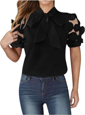 Womens Elegant Front Bow Tie Neck Short Lace Floral Mesh Sleeve Casual Trendy Summer Tops Office Work Business Blouse