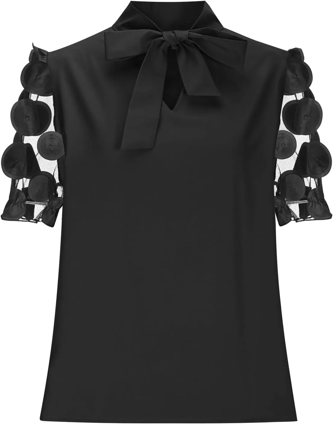 Womens Elegant Front Bow Tie Neck Short Lace Floral Mesh Sleeve Casual Trendy Summer Tops Office Work Business Blouse