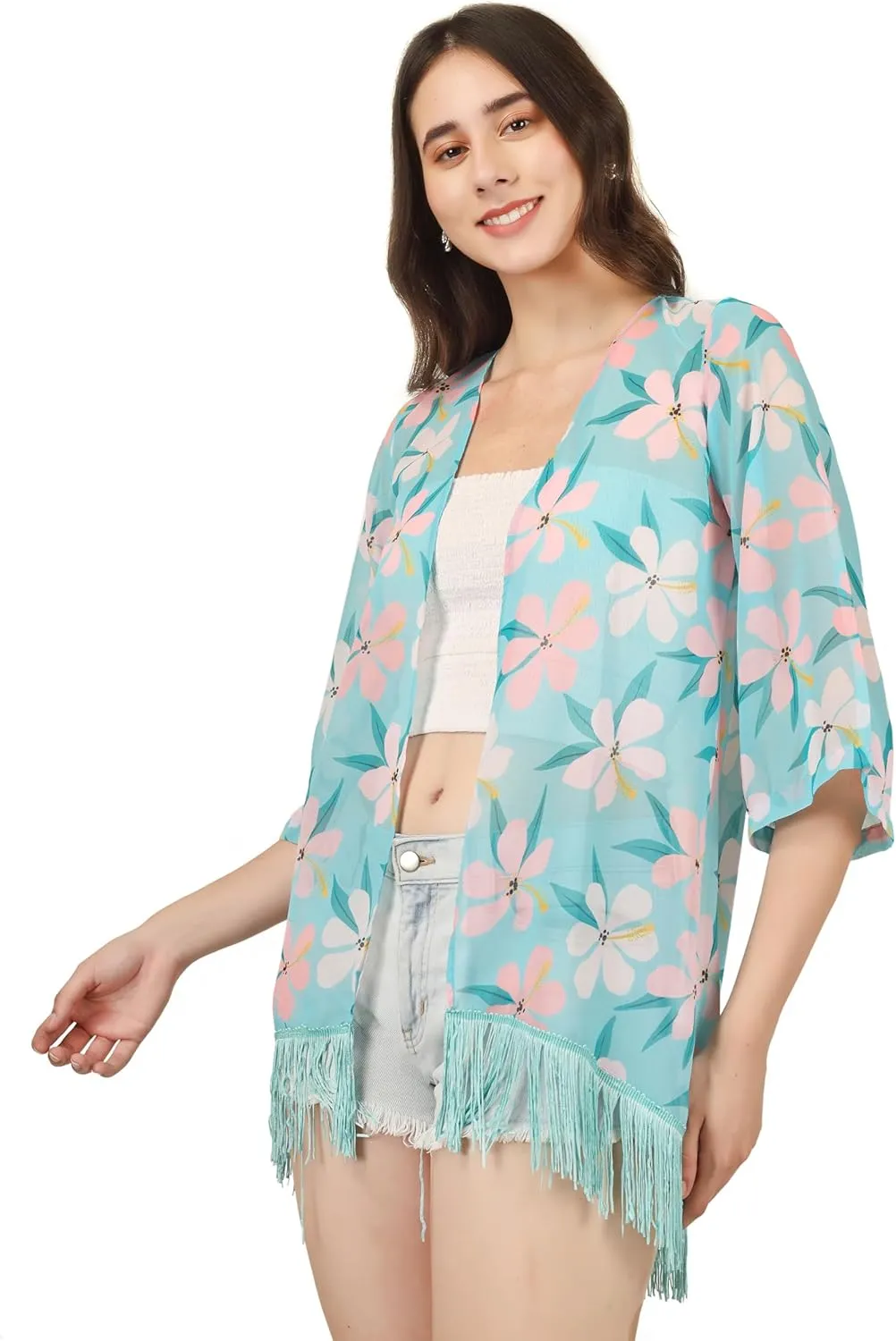 Women's Floral Kimono Cover Up - Lightweight Floral Beachwear for Bikini,Cardigan and Swimwear(WS103-P)