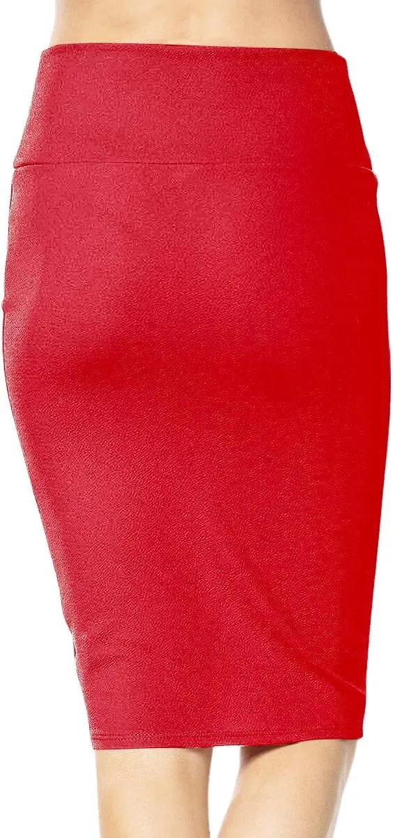 Women's High Waist Stretch Bodycon Pencil Skirt Knee Length Midi Straight Skirt