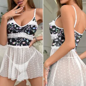 Women's Lace Nightgown, Ruffle Black White Nightmare Adjustdable Straps Babydoll Chemise