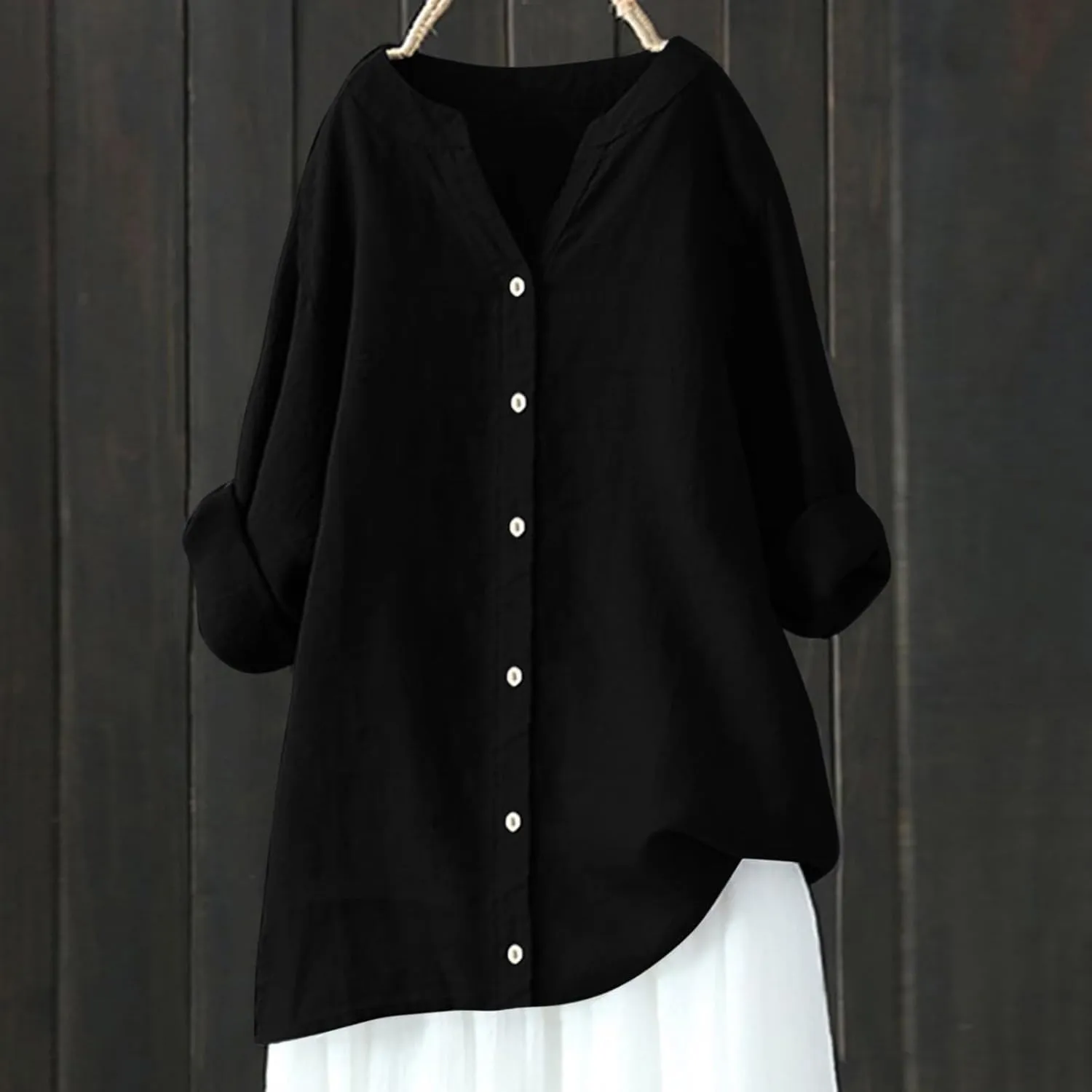 Womens Loose Buttons Down Blouse Tops Solid Casual Long Sleeve Shirt Blouse Low Cost T Shirts