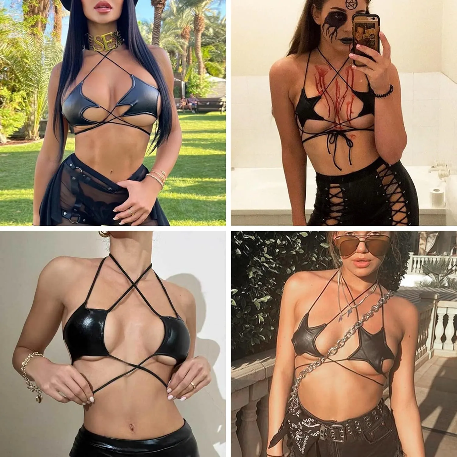 Women's Metallic Holographic Star Bra Crop Top Lace Up Halter Bralette Bandeau Camisole