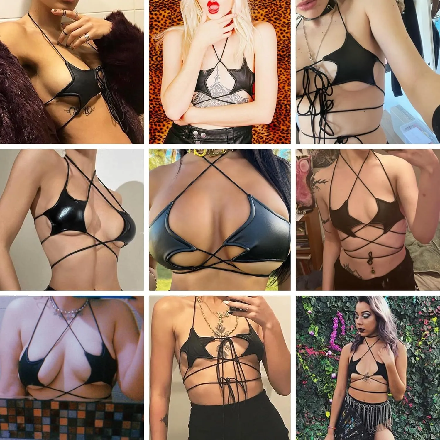 Women's Metallic Holographic Star Bra Crop Top Lace Up Halter Bralette Bandeau Camisole