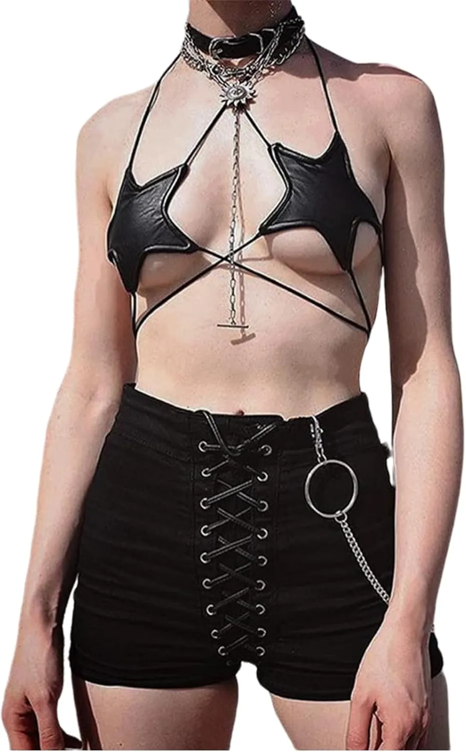 Women's Metallic Holographic Star Bra Crop Top Lace Up Halter Bralette Bandeau Camisole
