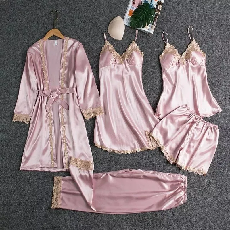 Women's Pajama Set 5 Piece Satin Lace Summer Sexy Nightdress B227408