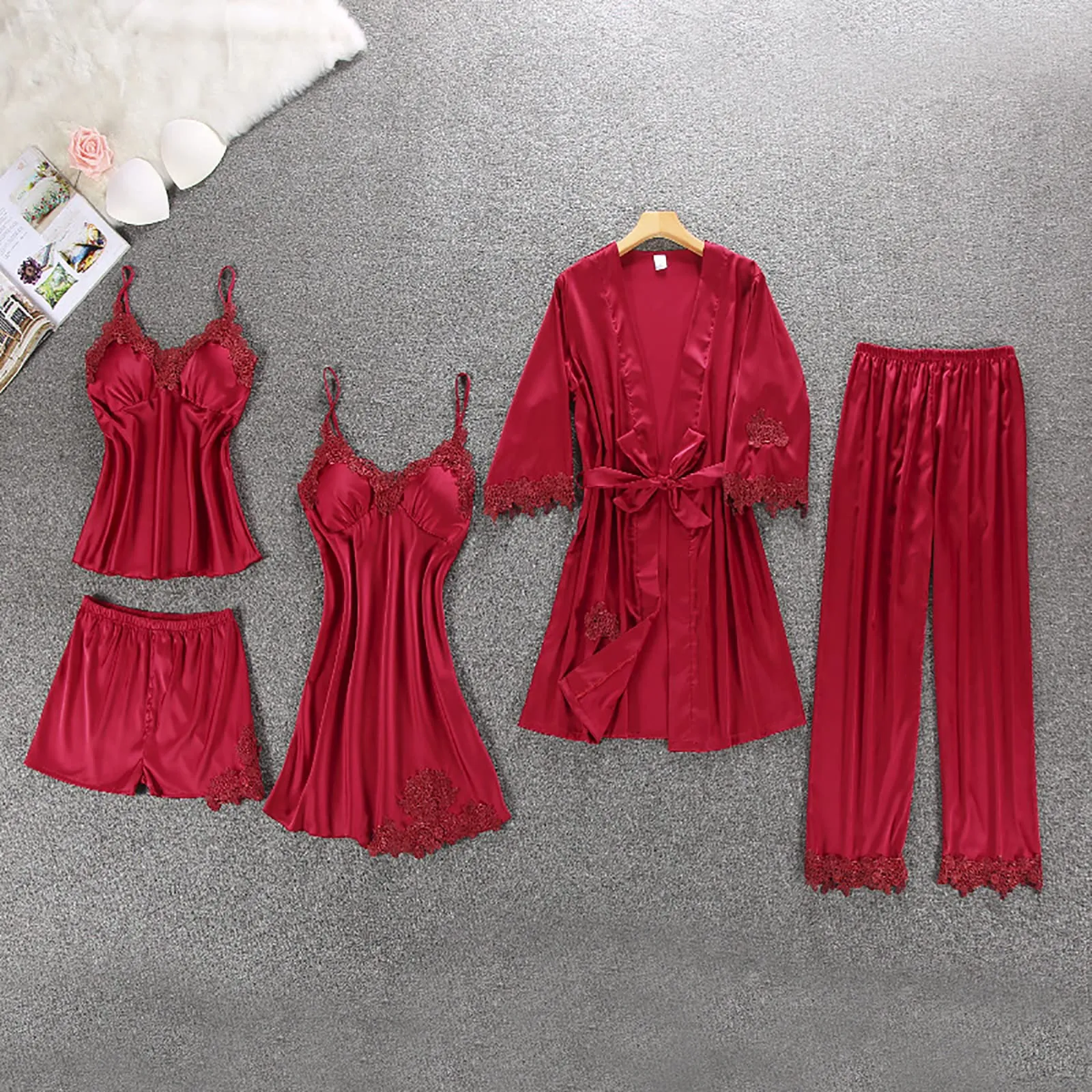 Women's Pajama Set 5 Piece Satin Lace Summer Sexy Nightdress B227408