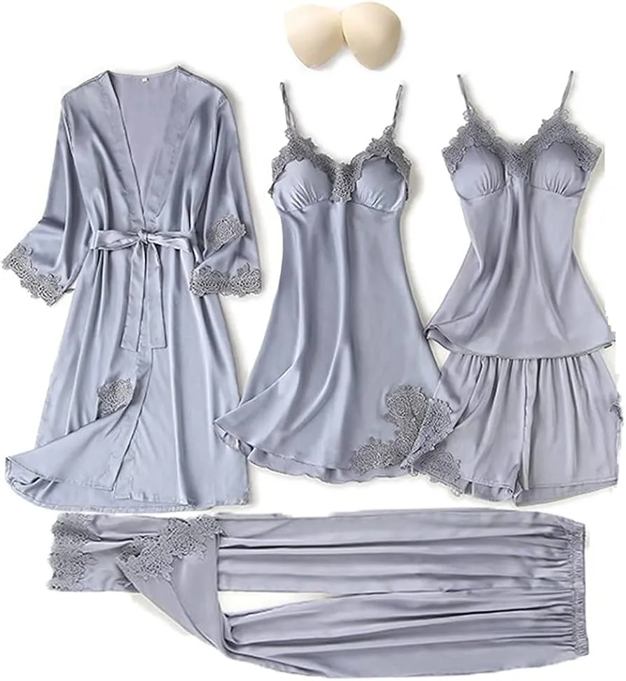 Women's Pajama Set 5 Piece Satin Lace Summer Sexy Nightdress B227408