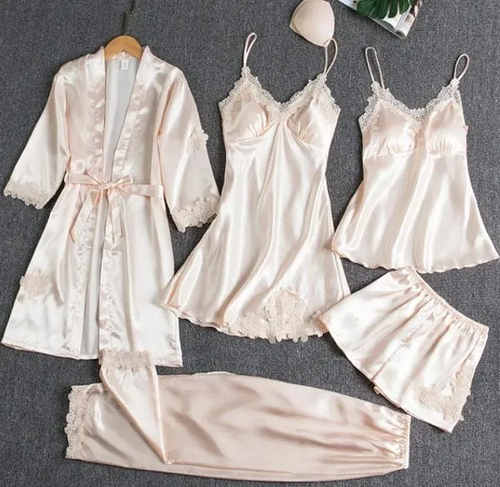 Women's Pajama Set 5 Piece Satin Lace Summer Sexy Nightdress B227408