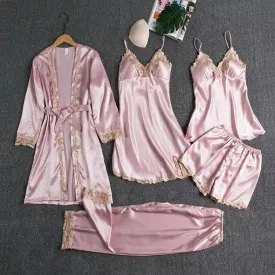 Women's Pajama Set 5 Piece Satin Lace Summer Sexy Nightdress B227408