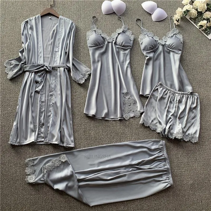 Women's Pajama Set 5 Piece Satin Lace Summer Sexy Nightdress B227408