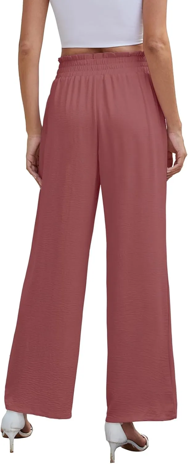 Women's Palazzo Pants Wide Leg High Waisted with Pockets Casual Lightweight Trousers Elastic Waist Summer Beach