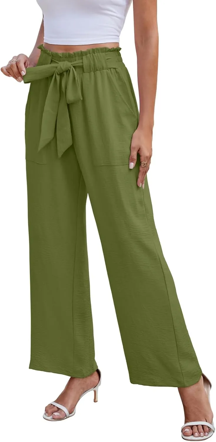 Women's Palazzo Pants Wide Leg High Waisted with Pockets Casual Lightweight Trousers Elastic Waist Summer Beach