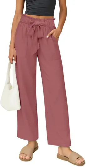 Women's Palazzo Pants Wide Leg High Waisted with Pockets Casual Lightweight Trousers Elastic Waist Summer Beach