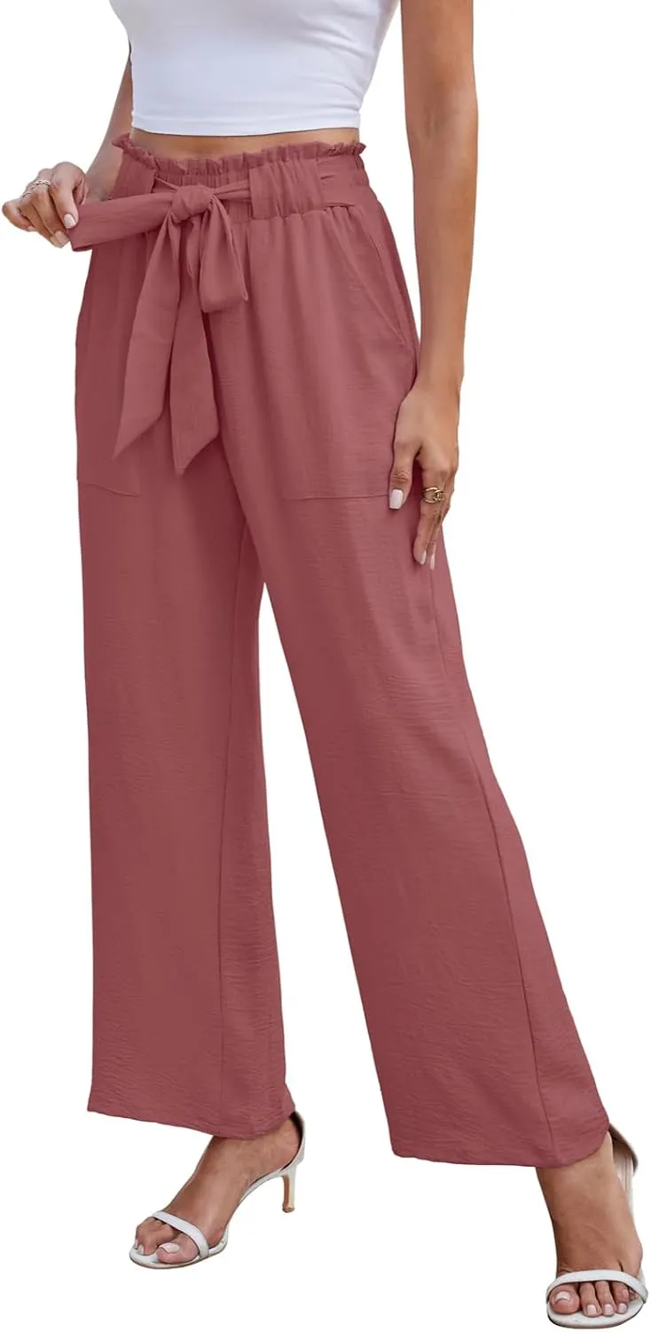 Women's Palazzo Pants Wide Leg High Waisted with Pockets Casual Lightweight Trousers Elastic Waist Summer Beach