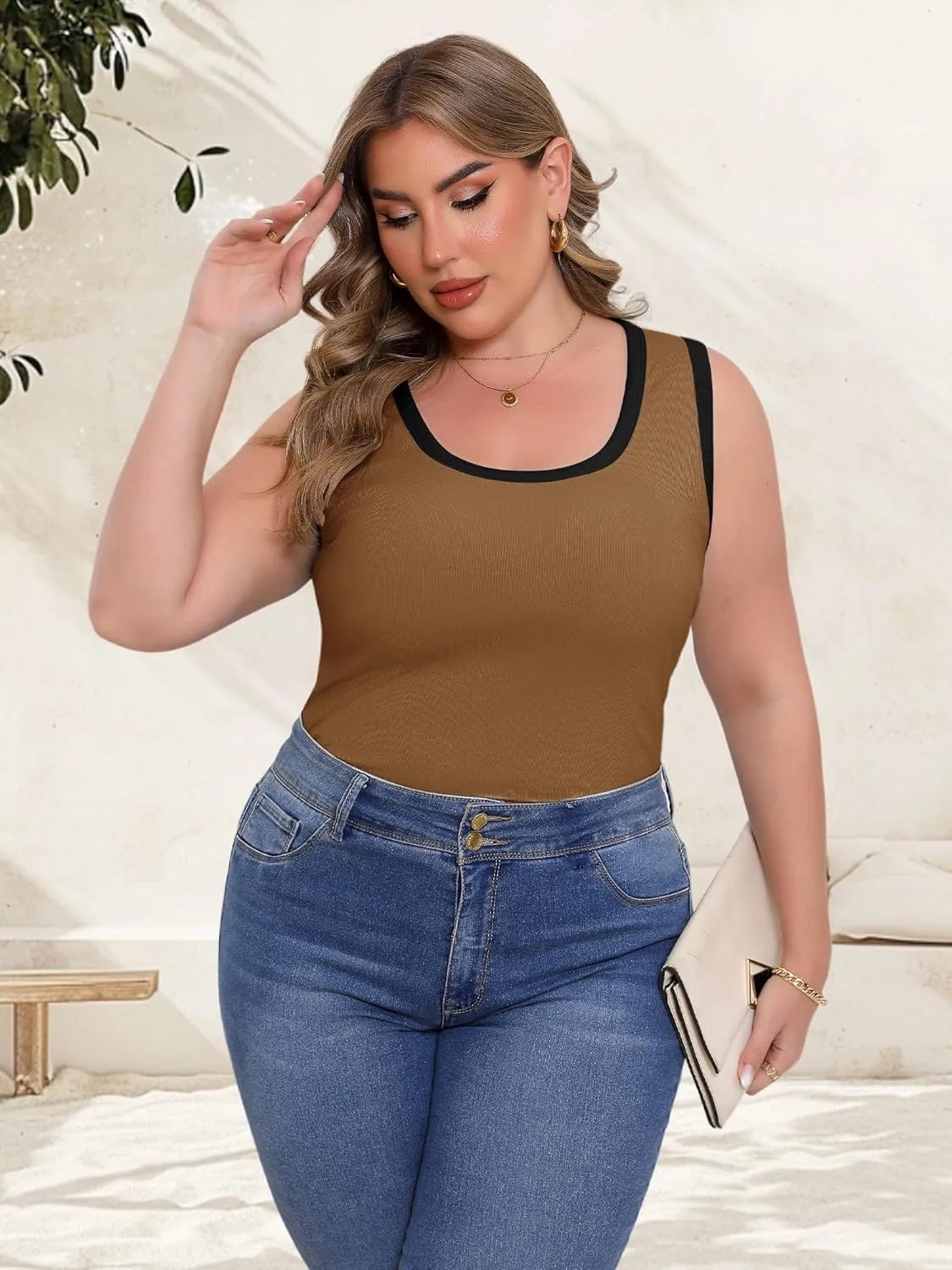 Women's Plus Size Tank Tops Summer Sleeveless Scoop Neck Cami Top Shirt Ribbed Knit Basic Casual Racerback Blouse