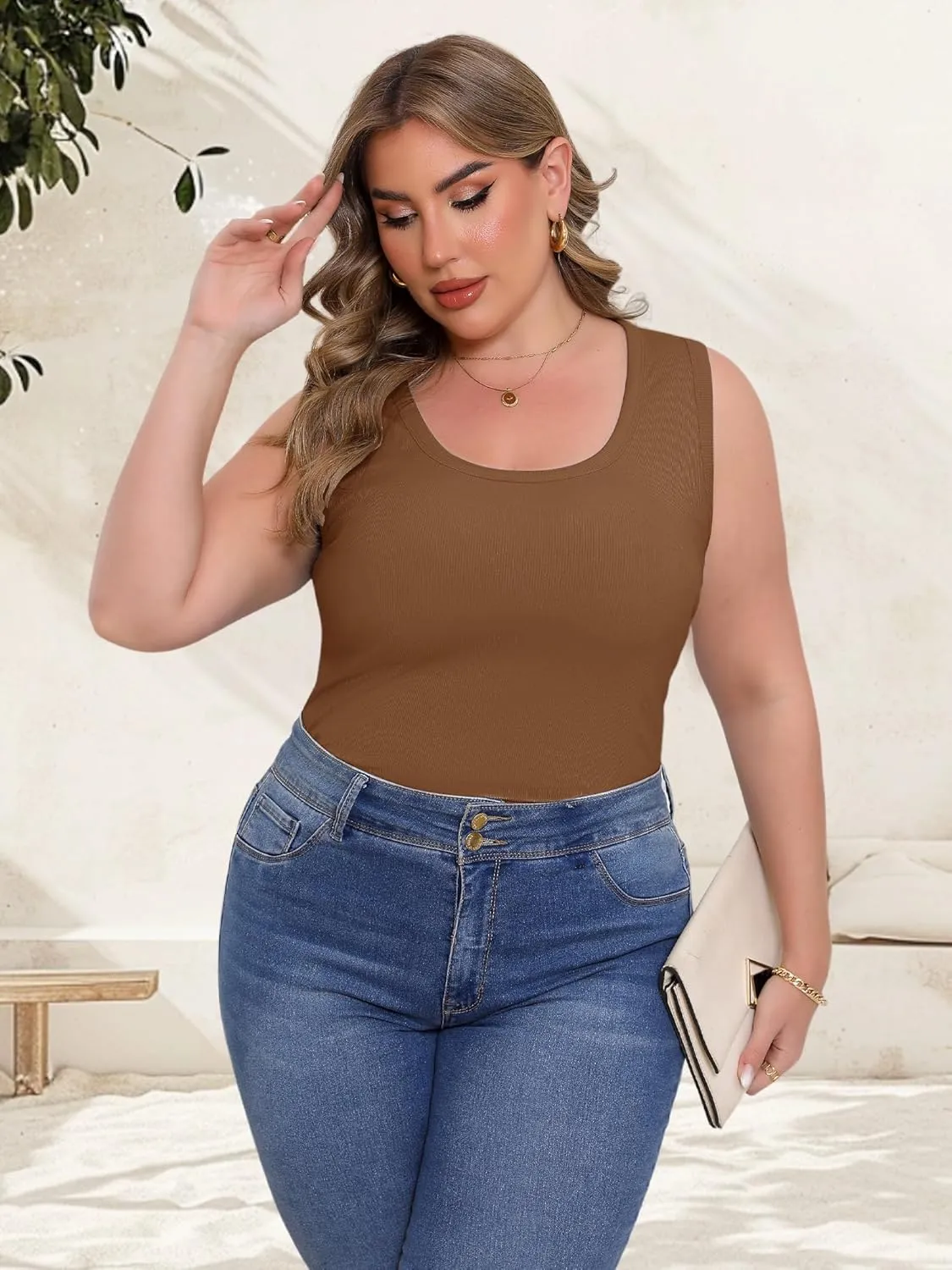 Women's Plus Size Tank Tops Summer Sleeveless Scoop Neck Cami Top Shirt Ribbed Knit Basic Casual Racerback Blouse