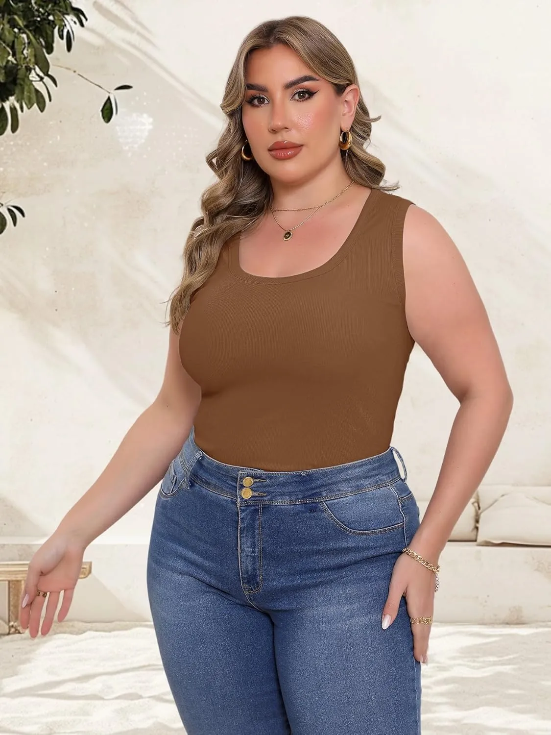 Women's Plus Size Tank Tops Summer Sleeveless Scoop Neck Cami Top Shirt Ribbed Knit Basic Casual Racerback Blouse