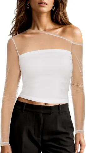 Women's Sexy Off Shoulder Tops Long Sleeve Mesh Sheer Asymmetrical T Shirt Y2K Going Out Slim Fit Blouse Tees Tops