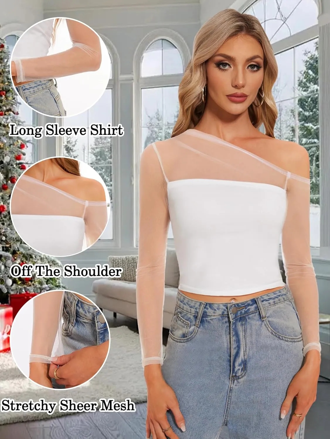 Women's Sexy Off Shoulder Tops Long Sleeve Mesh Sheer Asymmetrical T Shirt Y2K Going Out Slim Fit Blouse Tees Tops