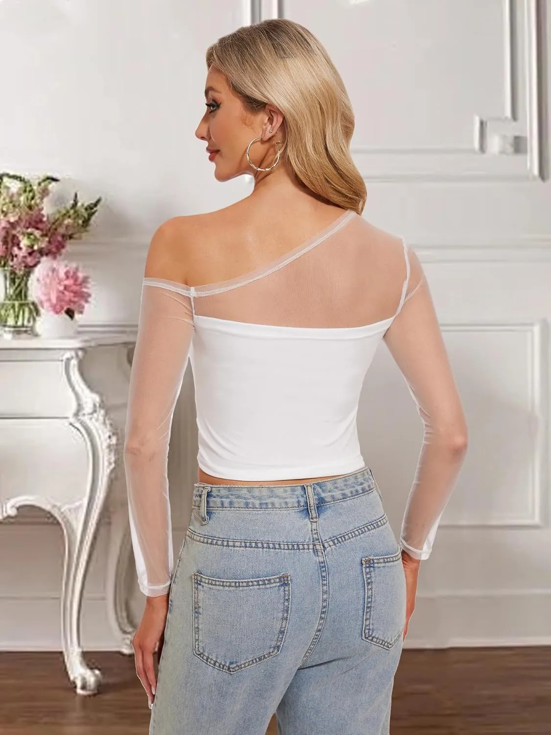 Women's Sexy Off Shoulder Tops Long Sleeve Mesh Sheer Asymmetrical T Shirt Y2K Going Out Slim Fit Blouse Tees Tops