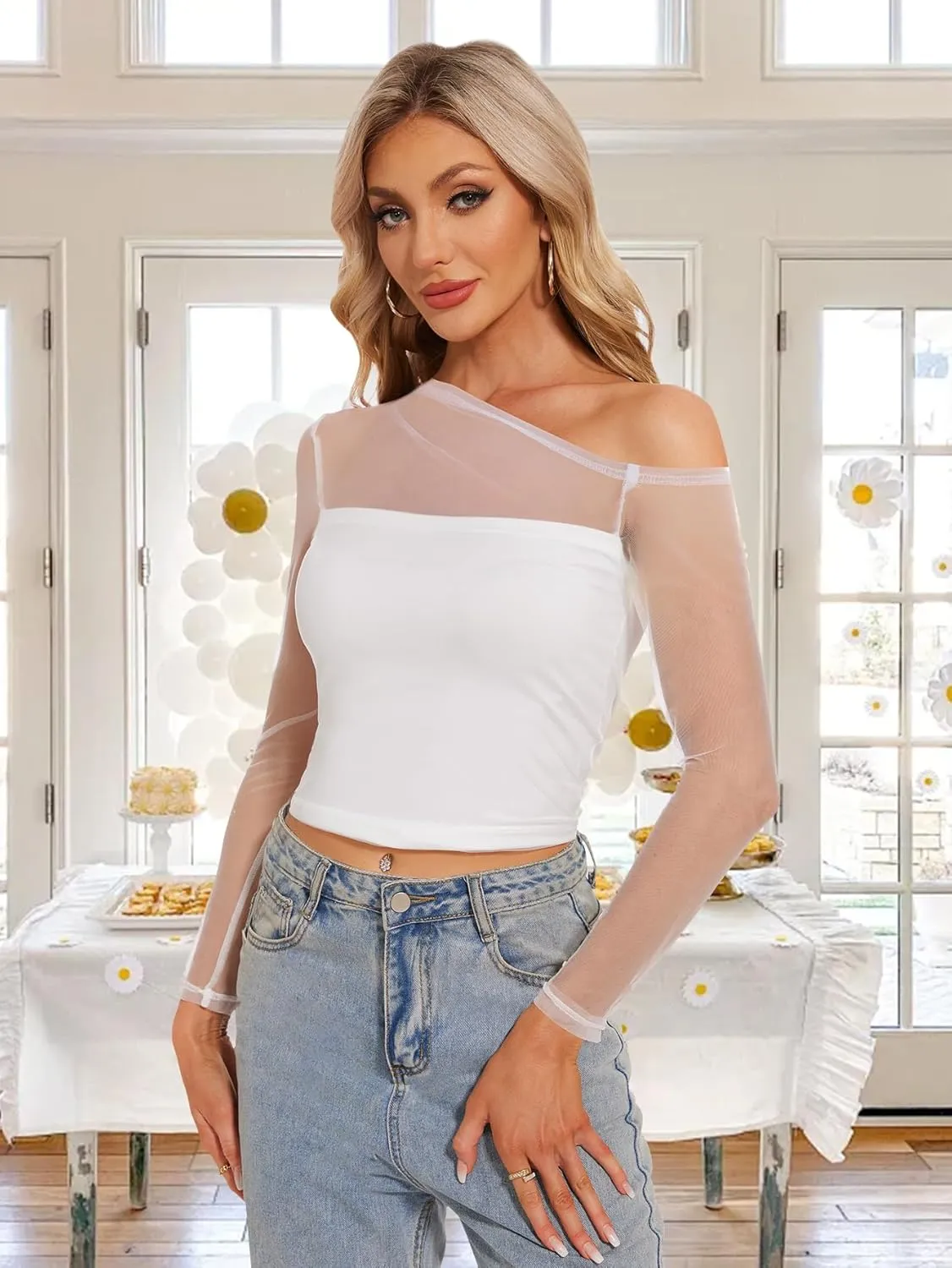 Women's Sexy Off Shoulder Tops Long Sleeve Mesh Sheer Asymmetrical T Shirt Y2K Going Out Slim Fit Blouse Tees Tops