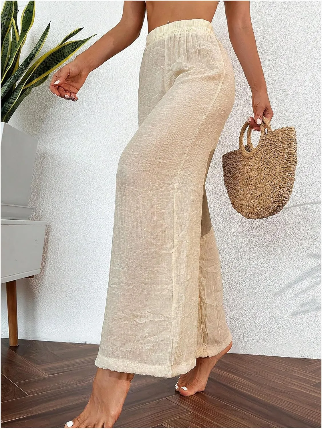 Women's Sheer Cover Up Beach Pants Elastic High Waisted Wide Leg Bathing Suit Coverup Beachwear