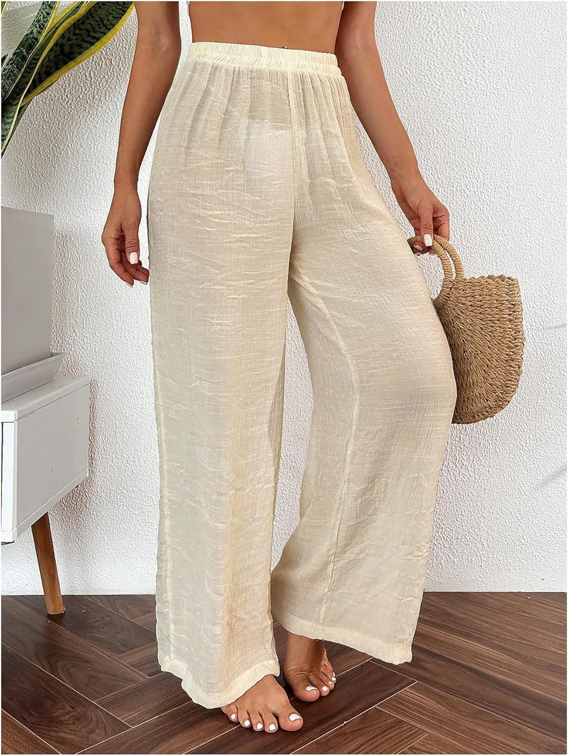 Women's Sheer Cover Up Beach Pants Elastic High Waisted Wide Leg Bathing Suit Coverup Beachwear