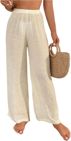 Women's Sheer Cover Up Beach Pants Elastic High Waisted Wide Leg Bathing Suit Coverup Beachwear