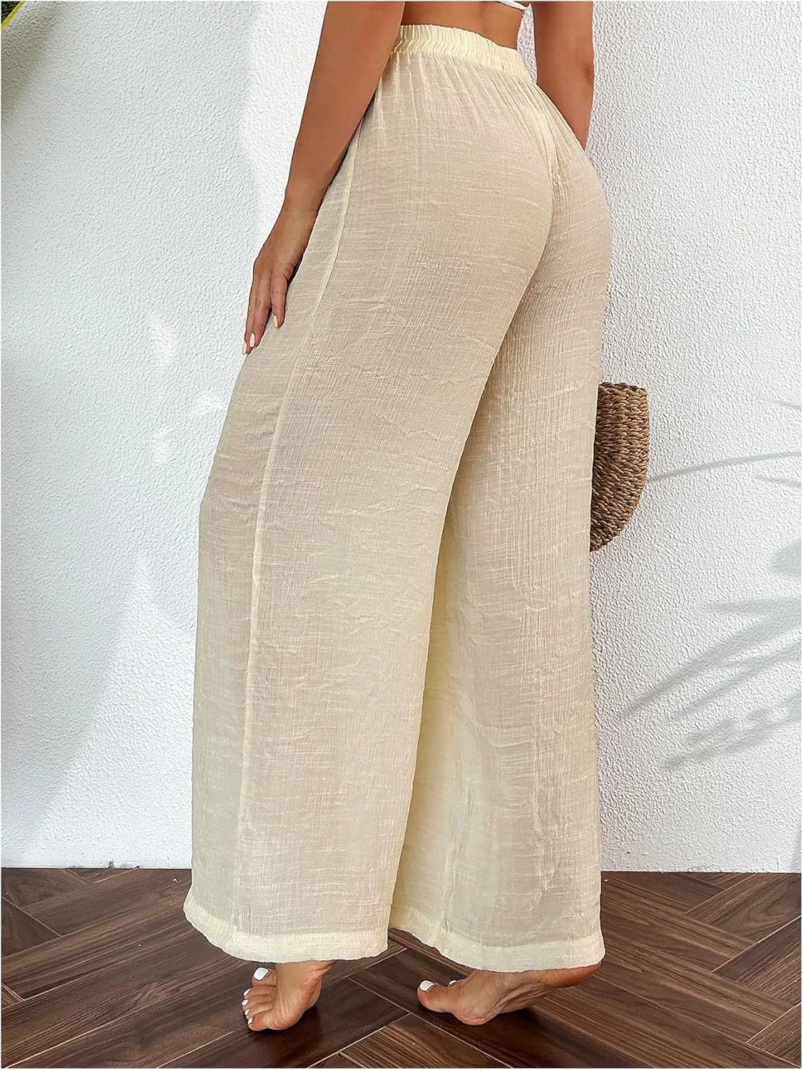 Women's Sheer Cover Up Beach Pants Elastic High Waisted Wide Leg Bathing Suit Coverup Beachwear