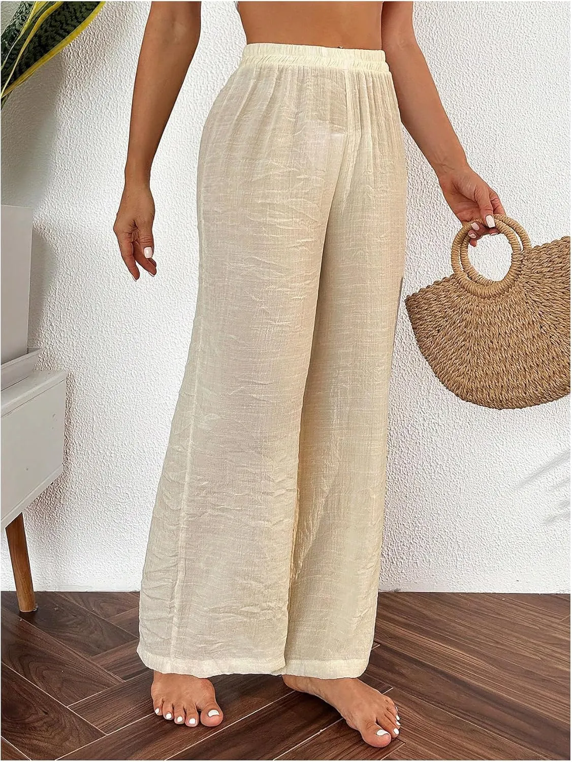 Women's Sheer Cover Up Beach Pants Elastic High Waisted Wide Leg Bathing Suit Coverup Beachwear
