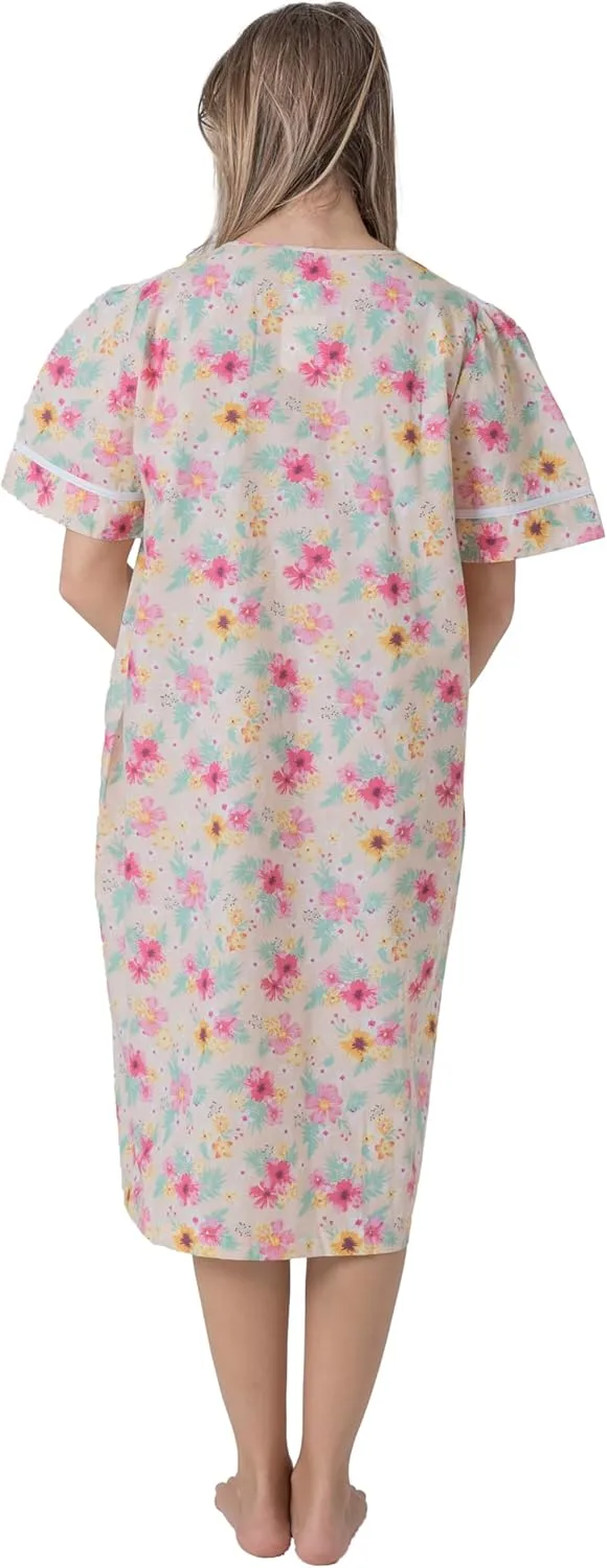 Women's Short Sleeve Woven Snap-Front Closure Floral Embroidery Housecoat Duster Lounge Nightgown Robe with Front Pockets