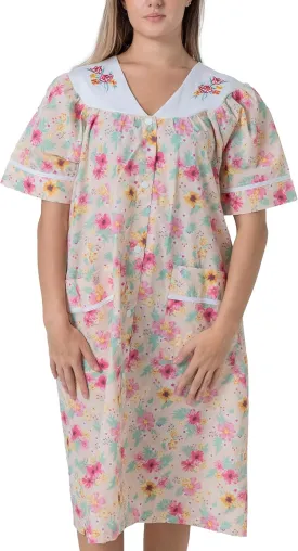 Women's Short Sleeve Woven Snap-Front Closure Floral Embroidery Housecoat Duster Lounge Nightgown Robe with Front Pockets