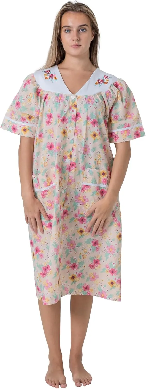 Women's Short Sleeve Woven Snap-Front Closure Floral Embroidery Housecoat Duster Lounge Nightgown Robe with Front Pockets