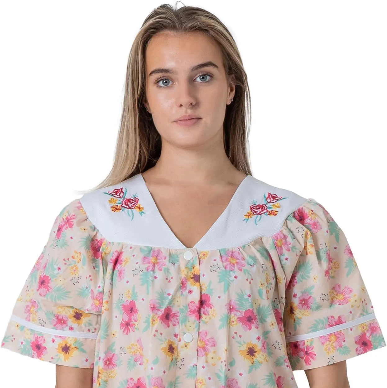 Women's Short Sleeve Woven Snap-Front Closure Floral Embroidery Housecoat Duster Lounge Nightgown Robe with Front Pockets