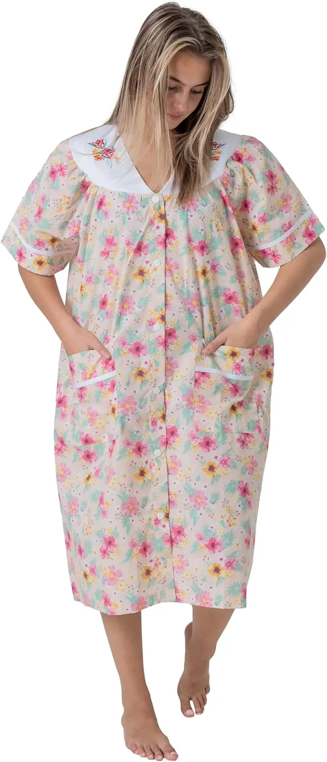 Women's Short Sleeve Woven Snap-Front Closure Floral Embroidery Housecoat Duster Lounge Nightgown Robe with Front Pockets