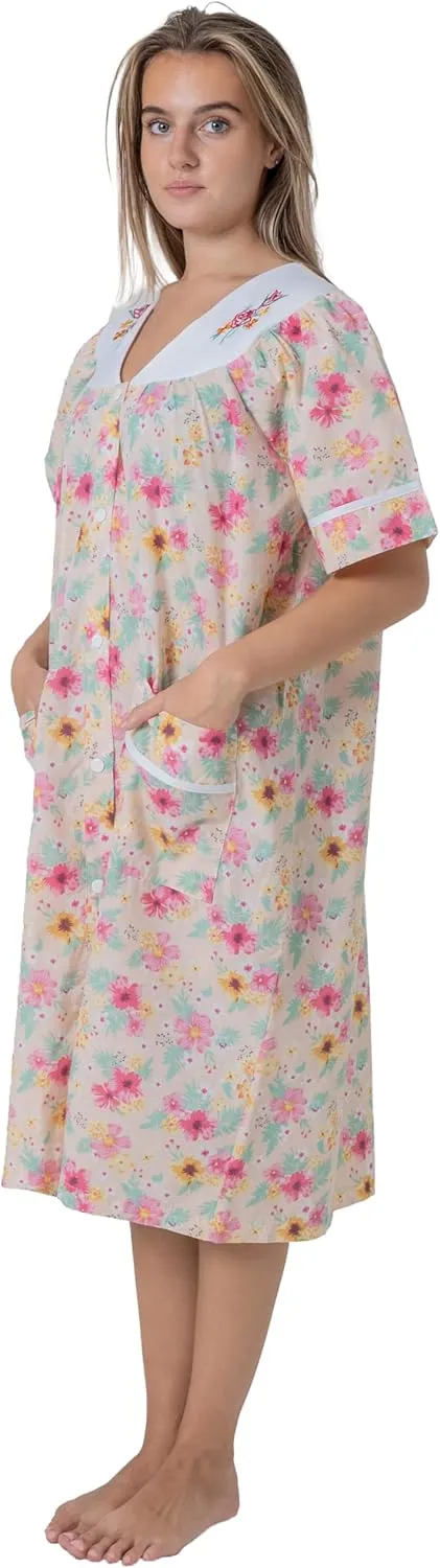 Women's Short Sleeve Woven Snap-Front Closure Floral Embroidery Housecoat Duster Lounge Nightgown Robe with Front Pockets