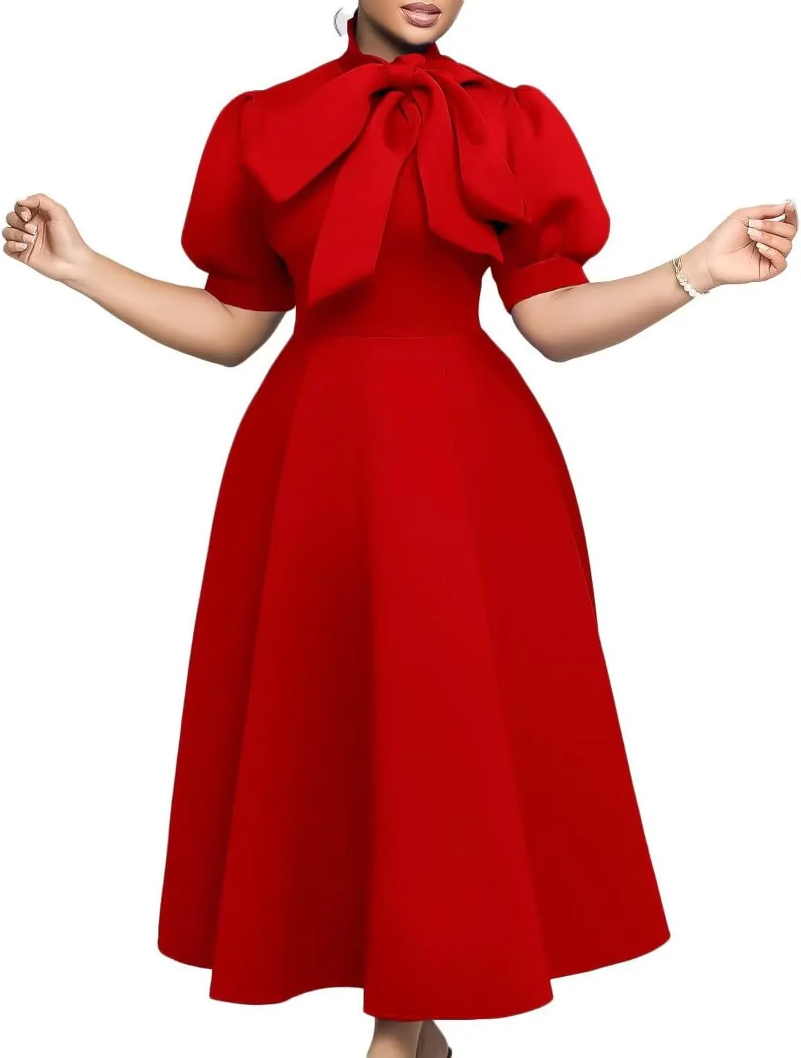 Women's Tie Neck Button Front Frill Neck Puff Sleeve Ruffle Hem Flowy Maxi Dress