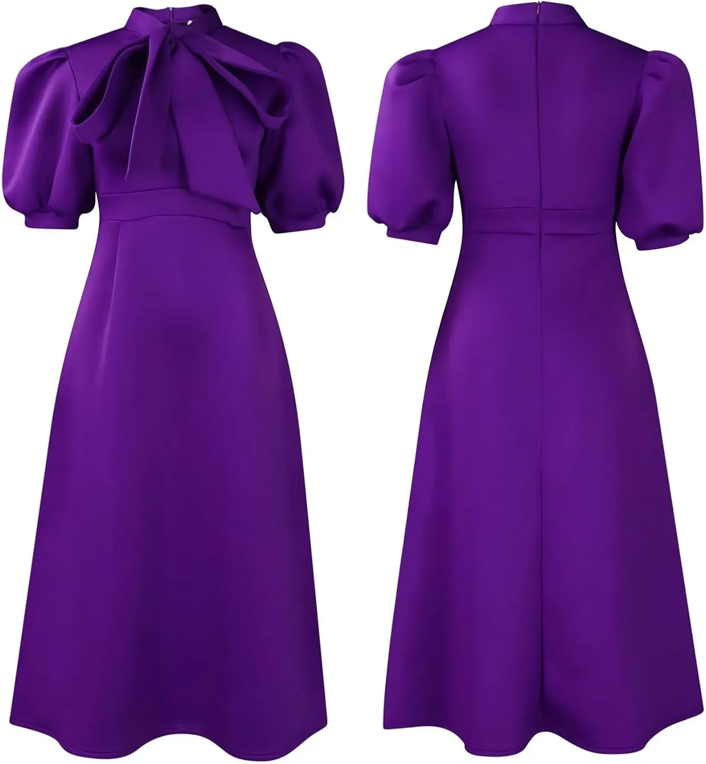 Women's Tie Neck Button Front Frill Neck Puff Sleeve Ruffle Hem Flowy Maxi Dress