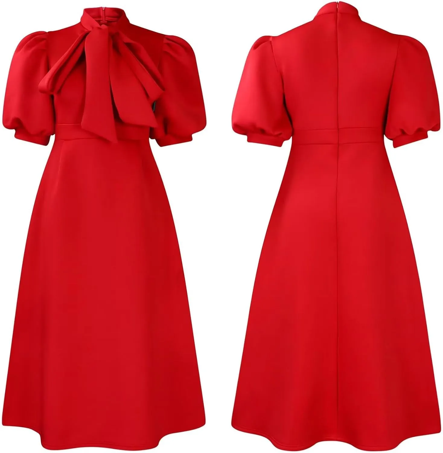 Women's Tie Neck Button Front Frill Neck Puff Sleeve Ruffle Hem Flowy Maxi Dress