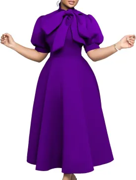 Women's Tie Neck Button Front Frill Neck Puff Sleeve Ruffle Hem Flowy Maxi Dress