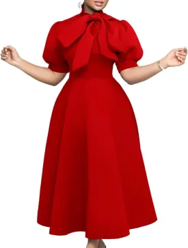 Women's Tie Neck Button Front Frill Neck Puff Sleeve Ruffle Hem Flowy Maxi Dress