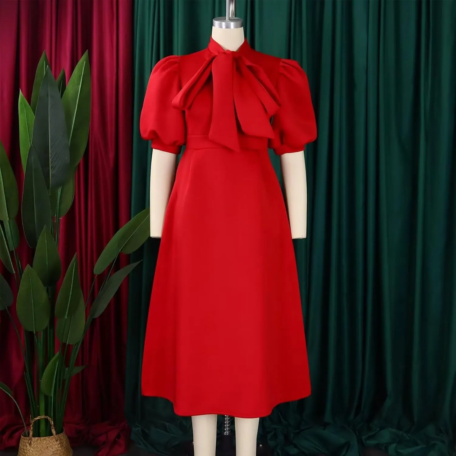 Women's Tie Neck Button Front Frill Neck Puff Sleeve Ruffle Hem Flowy Maxi Dress