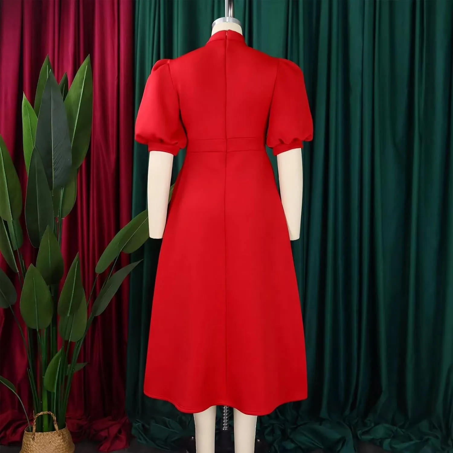 Women's Tie Neck Button Front Frill Neck Puff Sleeve Ruffle Hem Flowy Maxi Dress